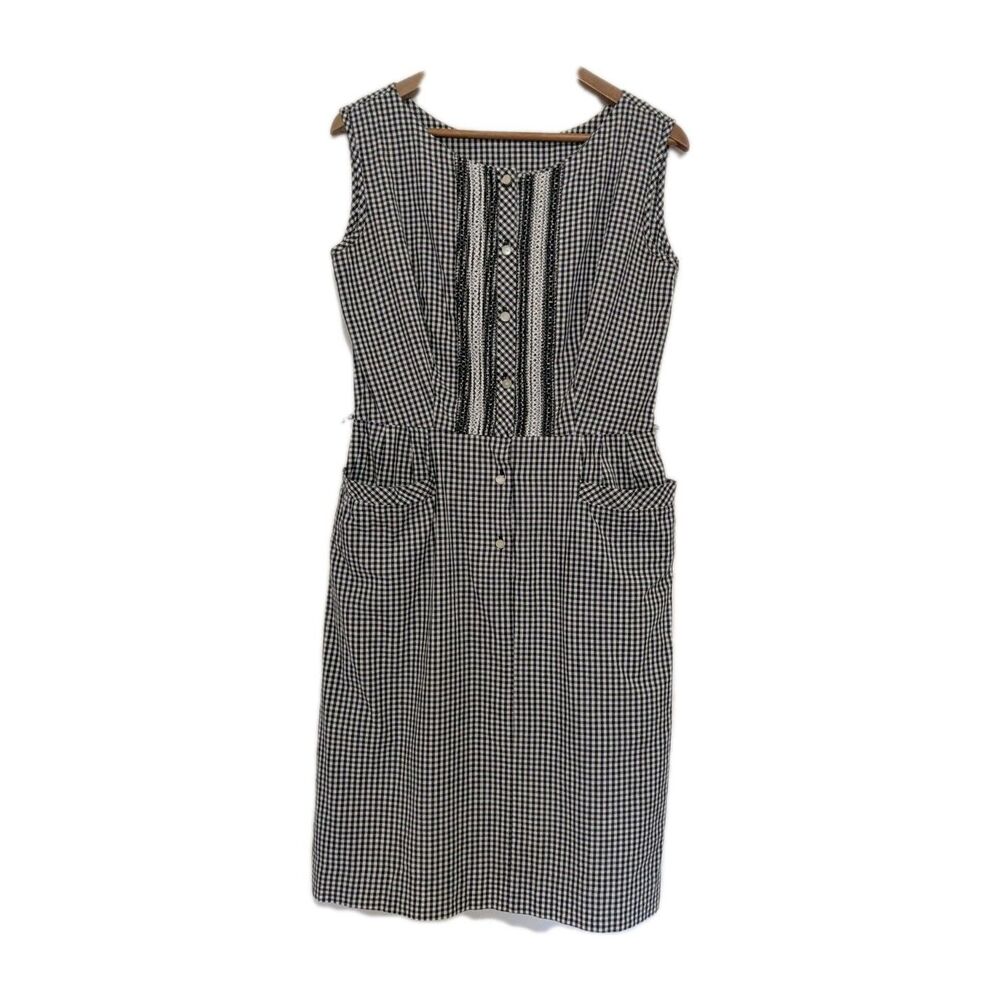 Vintage 60s S/L Shirt Dress Black White Gingham Emb M/L B39 Sunnyvale Cotton